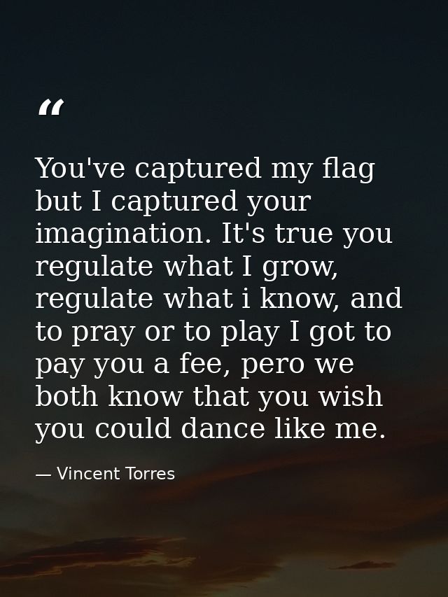 You've captured my flag but I captured your imagination. It's true you regulate what I grow, regulate what i know, and t — Vincent Torres