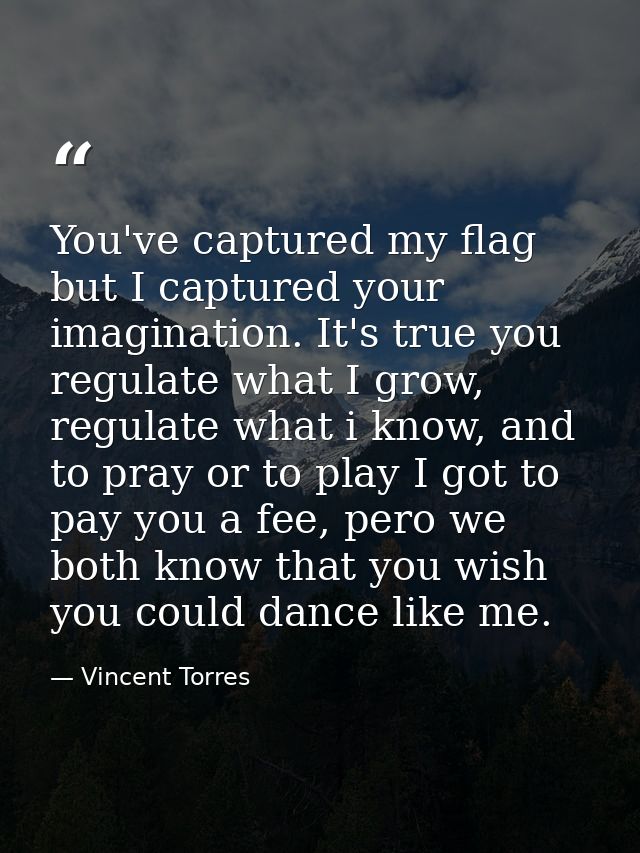 You've captured my flag but I captured your imagination. It's true you regulate what I grow, regulate what i know, and t — Vincent Torres