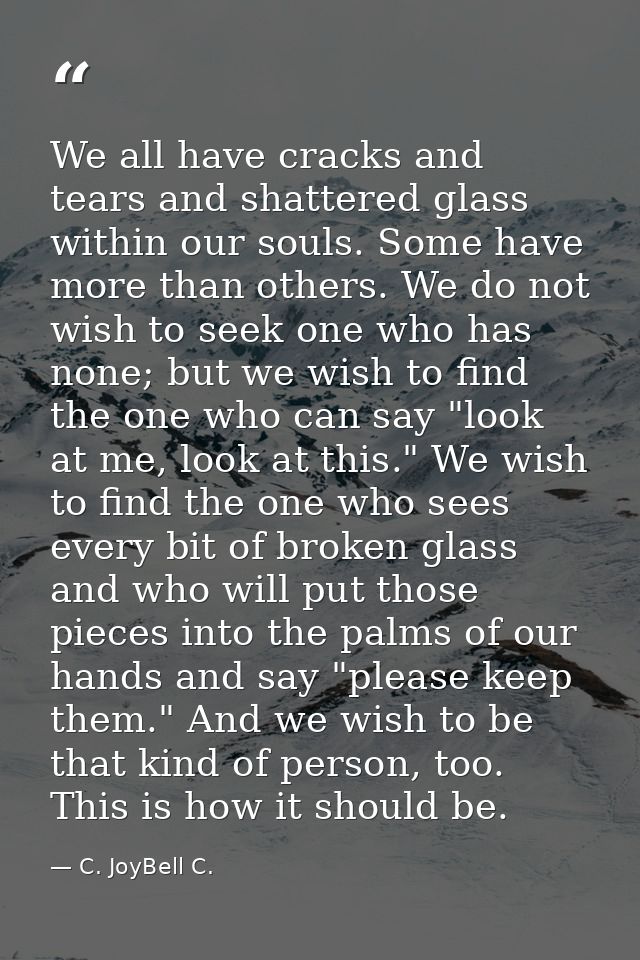 We all have cracks and tears and shattered glass within our souls. Some have more than others. We do not wish to seek on — C. JoyBell C.