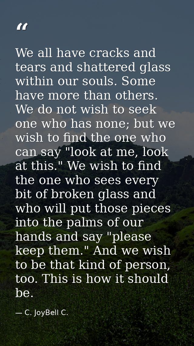 We all have cracks and tears and shattered glass within our souls. Some have more than others. We do not wish to seek on — C. JoyBell C.