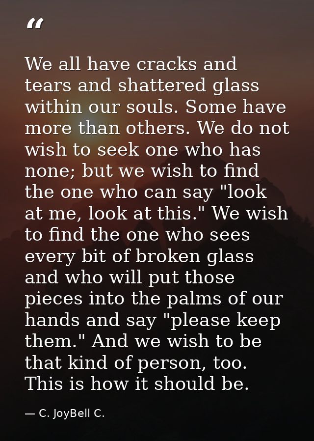 We all have cracks and tears and shattered glass within our souls. Some have more than others. We do not wish to seek on — C. JoyBell C.