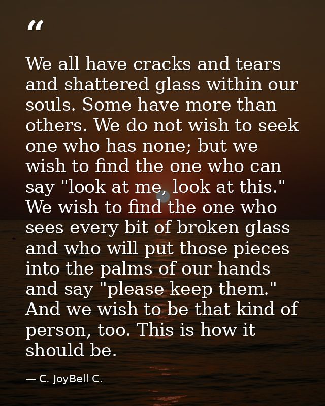 We all have cracks and tears and shattered glass within our souls. Some have more than others. We do not wish to seek on — C. JoyBell C.