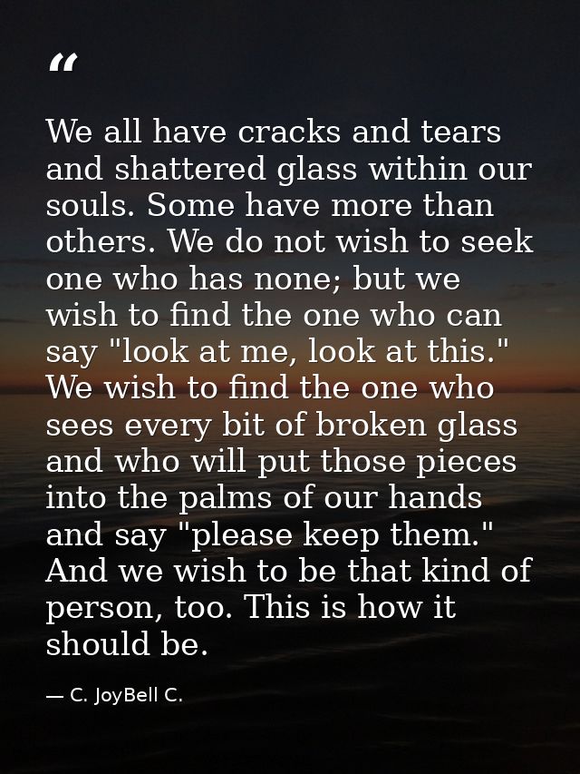 We all have cracks and tears and shattered glass within our souls. Some have more than others. We do not wish to seek on — C. JoyBell C.