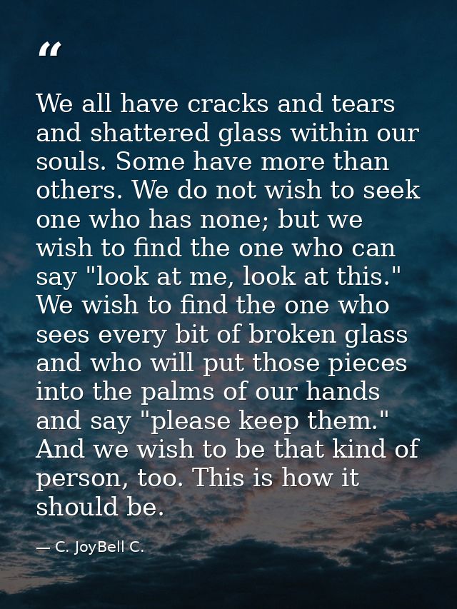 We all have cracks and tears and shattered glass within our souls. Some have more than others. We do not wish to seek on — C. JoyBell C.