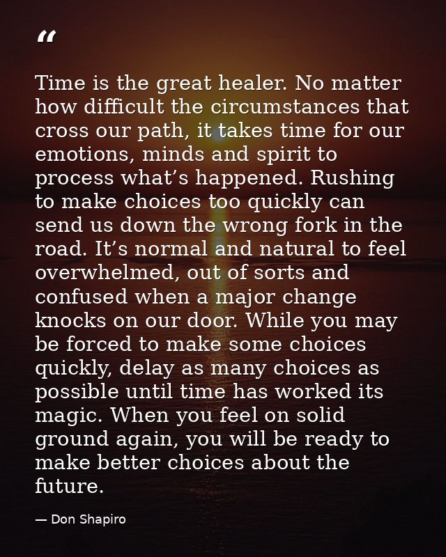 Time is the great healer. No matter how difficult the circumstances that cross our path, it takes time for our emotions, — Don Shapiro