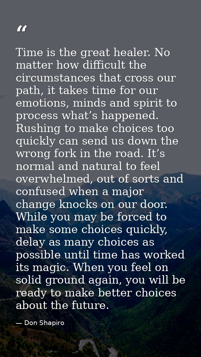 Time is the great healer. No matter how difficult the circumstances that cross our path, it takes time for our emotions, — Don Shapiro
