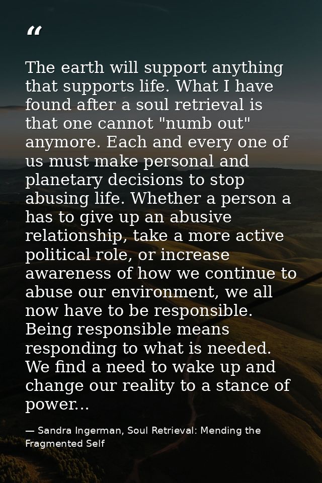 The earth will support anything that supports life. What I have found after a soul retrieval is that one cannot "numb ou — Sandra Ingerman, Soul Retrieval: Mending the Fragmented Self