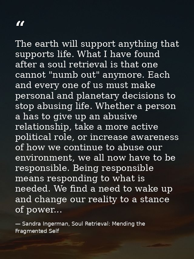 The earth will support anything that supports life. What I have found after a soul retrieval is that one cannot "numb ou — Sandra Ingerman, Soul Retrieval: Mending the Fragmented Self