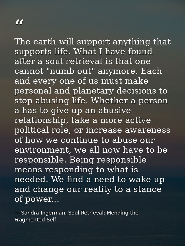 The earth will support anything that supports life. What I have found after a soul retrieval is that one cannot "numb ou — Sandra Ingerman, Soul Retrieval: Mending the Fragmented Self
