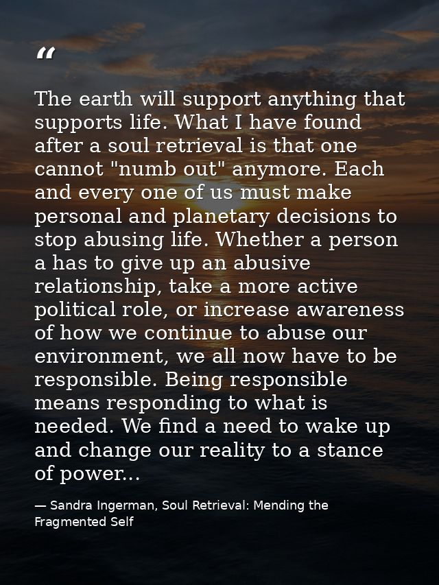 The earth will support anything that supports life. What I have found after a soul retrieval is that one cannot "numb ou — Sandra Ingerman, Soul Retrieval: Mending the Fragmented Self