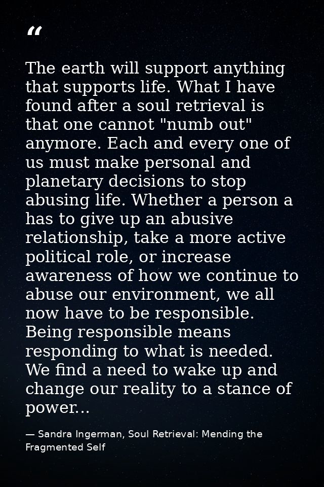The earth will support anything that supports life. What I have found after a soul retrieval is that one cannot "numb ou — Sandra Ingerman, Soul Retrieval: Mending the Fragmented Self