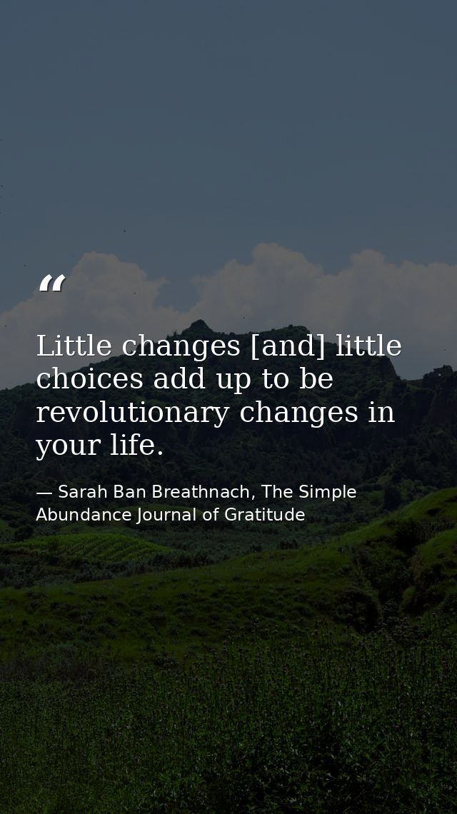 Little changes [and] little choices add up to be revolutionary changes in your life. — Sarah Ban Breathnach, The Simple Abundance Journal of Gratitude
