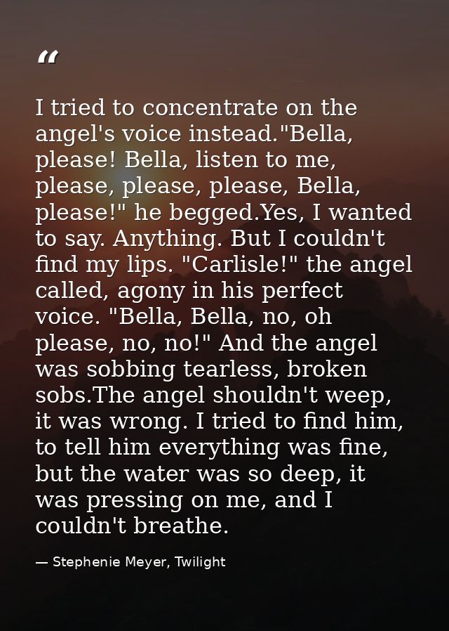 I tried to concentrate on the angel's voice instead."Bella, please! Bella, listen to me, please, please, please, Bella,  — Stephenie Meyer, Twilight
