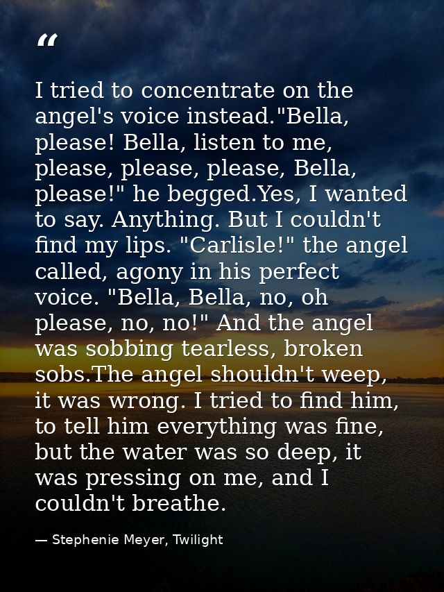 I tried to concentrate on the angel's voice instead."Bella, please! Bella, listen to me, please, please, please, Bella,  — Stephenie Meyer, Twilight