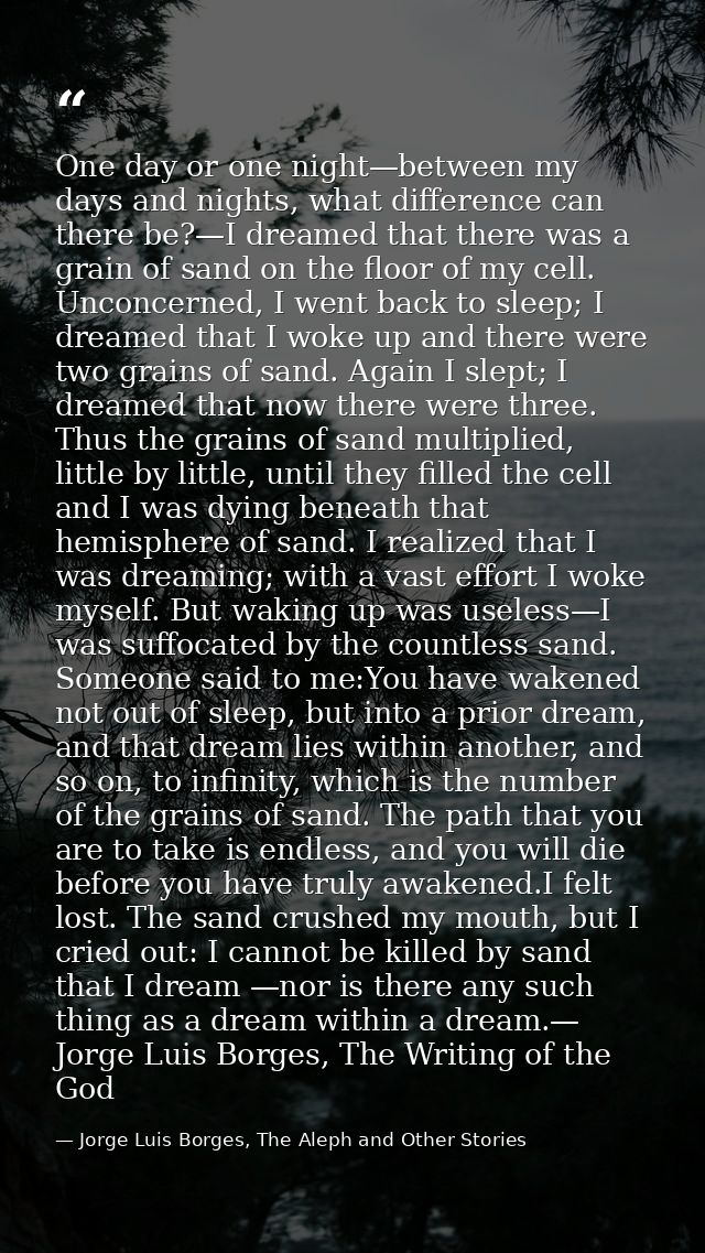 One day or one night—between my days and nights, what difference can there be?—I dreamed that there was a grain of sand  — Jorge Luis Borges, The Aleph and Other Stories