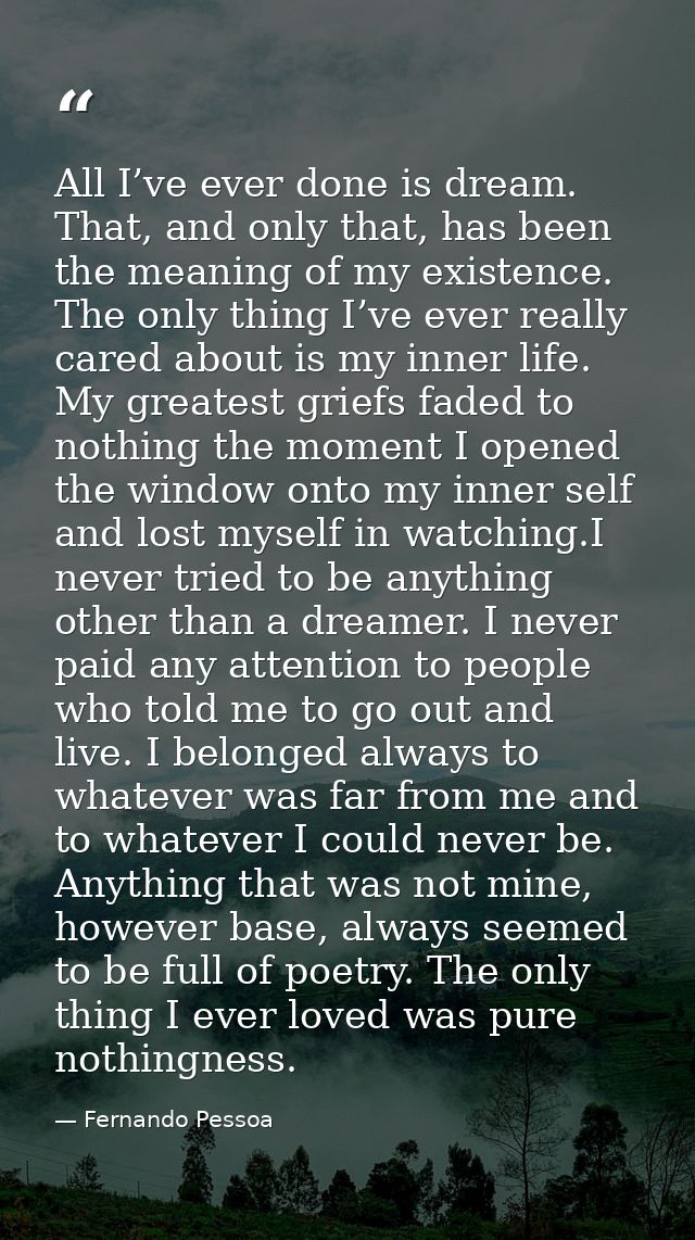 All I’ve ever done is dream. That, and only that, has been the meaning of my existence. The only thing I’ve ever really  — Fernando Pessoa