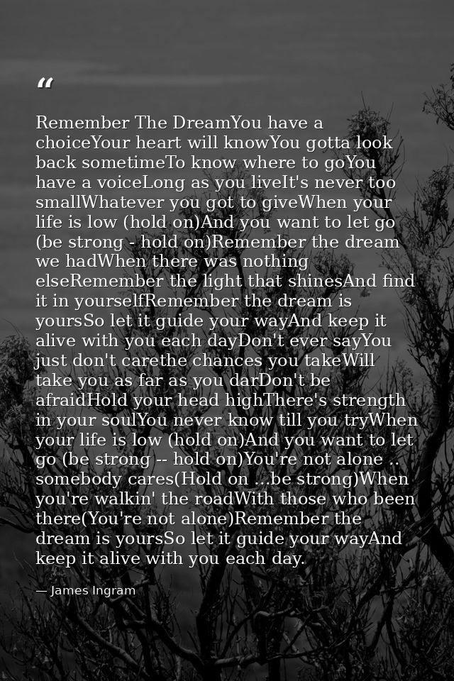 Remember The DreamYou have a choiceYour heart will knowYou gotta look back sometimeTo know where to goYou have a voiceLo — James Ingram