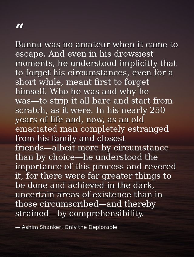 Bunnu was no amateur when it came to escape. And even in his drowsiest moments, he understood implicitly that to forget  — Ashim Shanker, Only the Deplorable