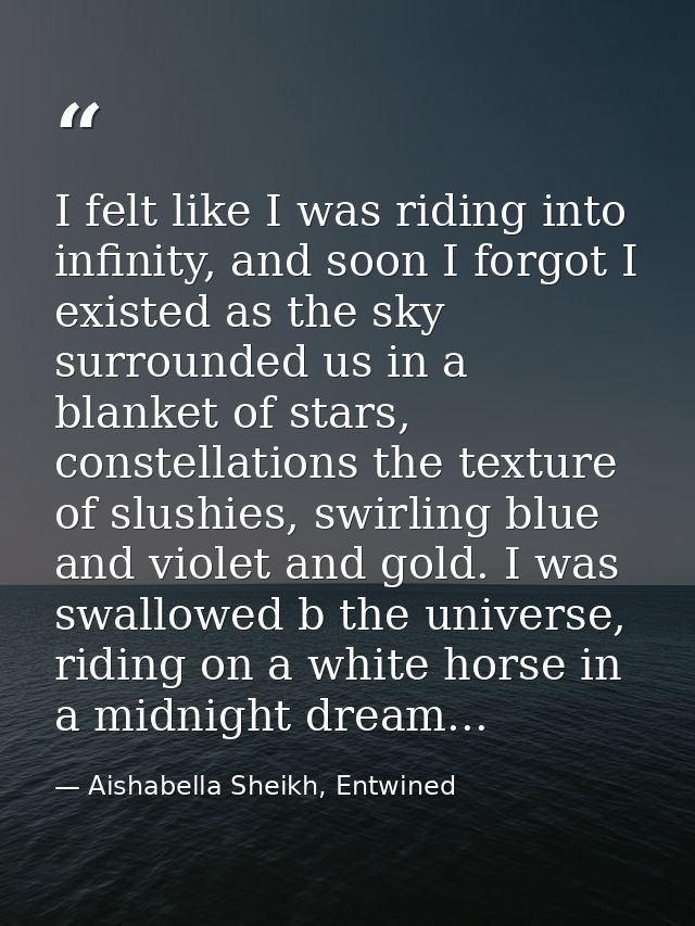 I felt like I was riding into infinity, and soon I forgot I existed as the sky surrounded us in a blanket of stars, cons — Aishabella Sheikh, Entwined