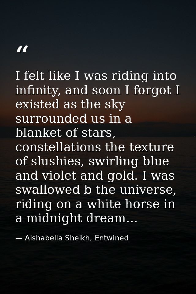 I felt like I was riding into infinity, and soon I forgot I existed as the sky surrounded us in a blanket of stars, cons — Aishabella Sheikh, Entwined