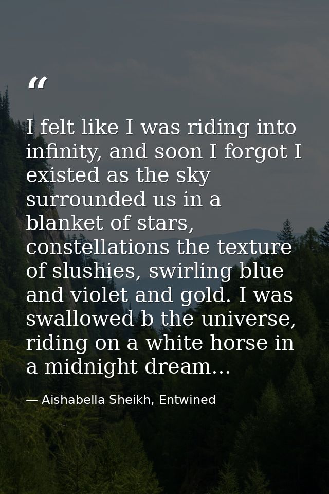 I felt like I was riding into infinity, and soon I forgot I existed as the sky surrounded us in a blanket of stars, cons — Aishabella Sheikh, Entwined