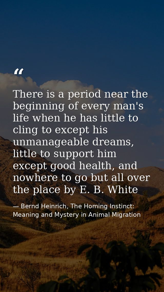 There is a period near the beginning of every man's life when he has little to cling to except his unmanageable dreams,  — Bernd Heinrich, The Homing Instinct: Meaning and Mystery in Animal Migration