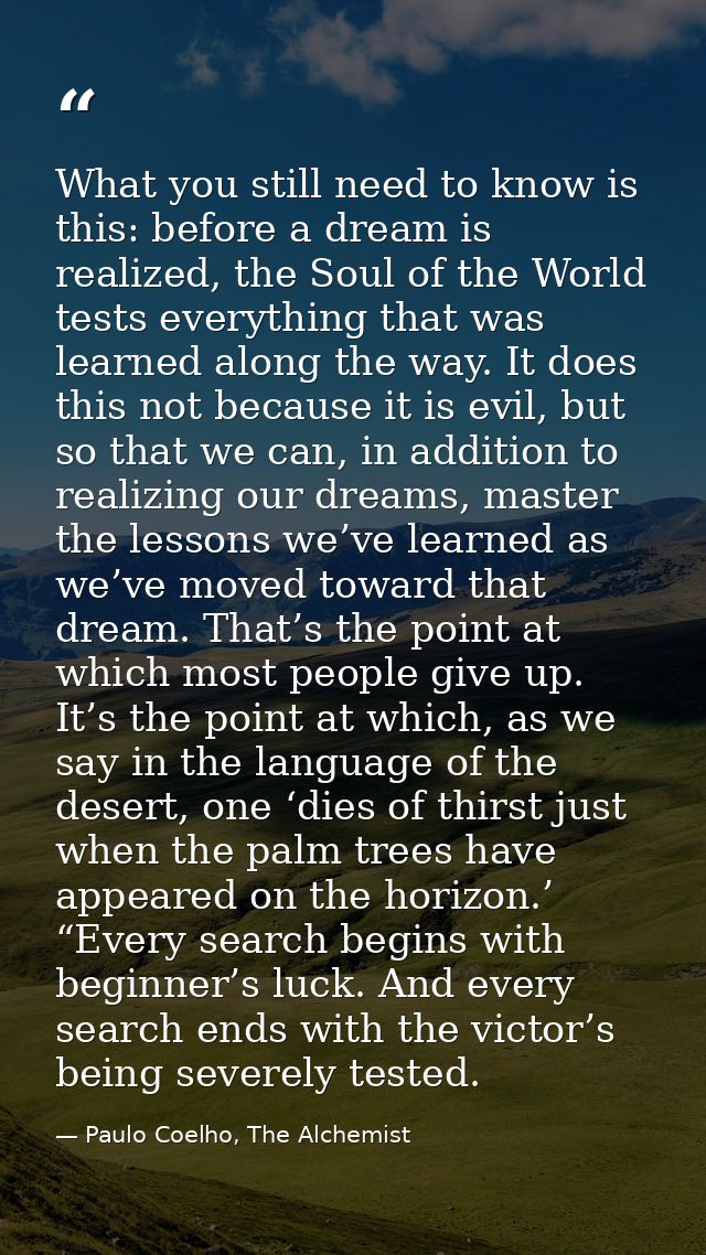 What you still need to know is this: before a dream is realized, the Soul of the World tests everything that was learned — Paulo Coelho, The Alchemist