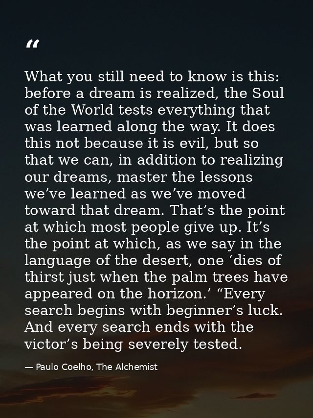 What you still need to know is this: before a dream is realized, the Soul of the World tests everything that was learned — Paulo Coelho, The Alchemist