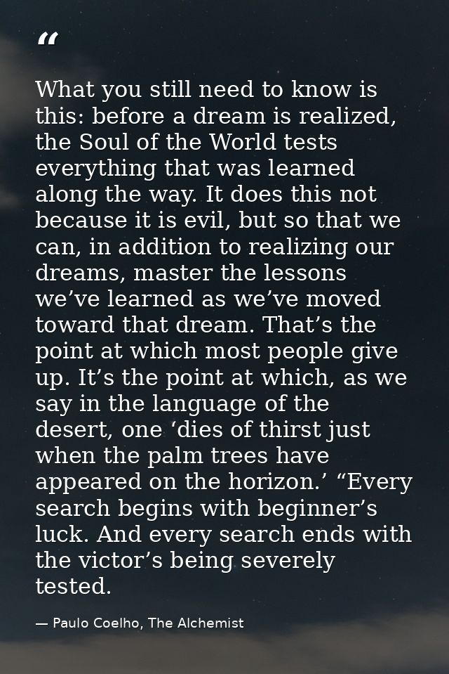 What you still need to know is this: before a dream is realized, the Soul of the World tests everything that was learned — Paulo Coelho, The Alchemist