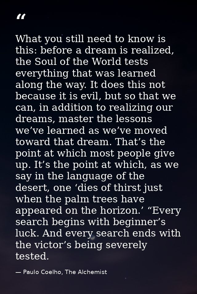 What you still need to know is this: before a dream is realized, the Soul of the World tests everything that was learned — Paulo Coelho, The Alchemist