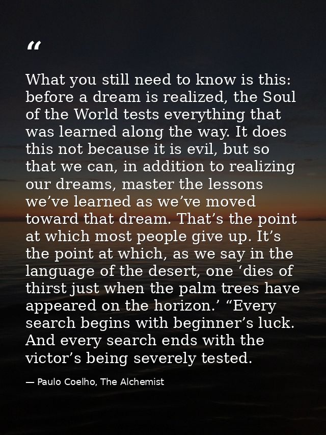 What you still need to know is this: before a dream is realized, the Soul of the World tests everything that was learned — Paulo Coelho, The Alchemist