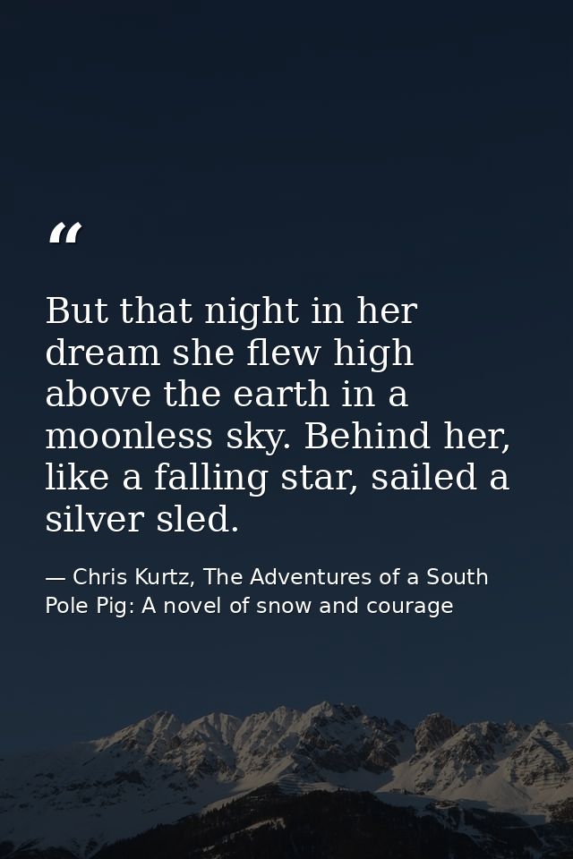 But that night in her dream she flew high above the earth in a moonless sky. Behind her, like a falling star, sailed a s — Chris Kurtz, The Adventures of a South Pole Pig: A novel of snow and courage
