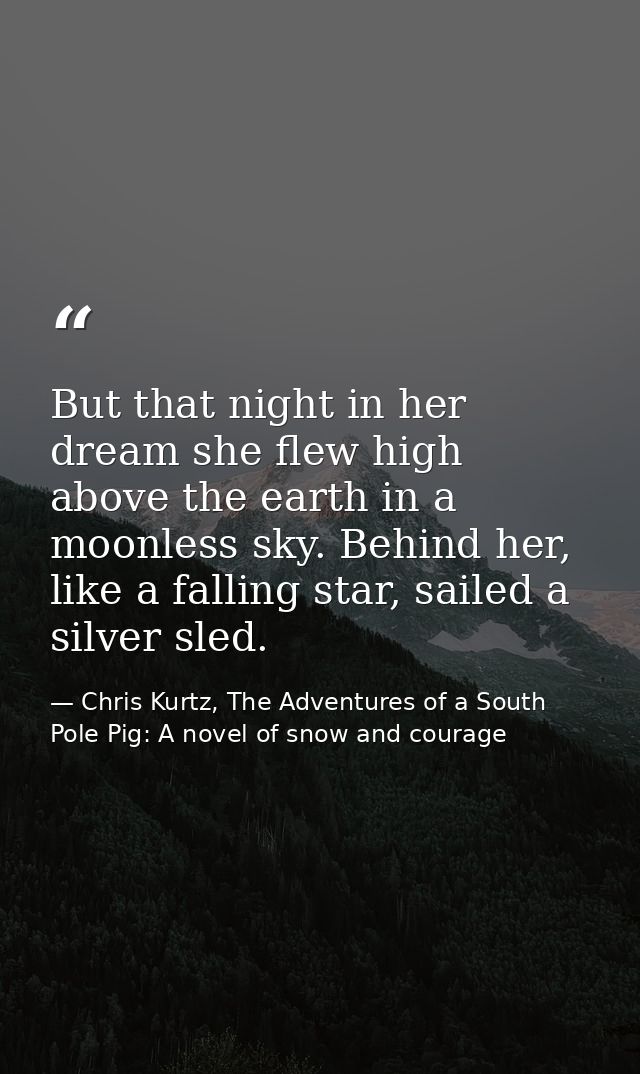 But that night in her dream she flew high above the earth in a moonless sky. Behind her, like a falling star, sailed a s — Chris Kurtz, The Adventures of a South Pole Pig: A novel of snow and courage