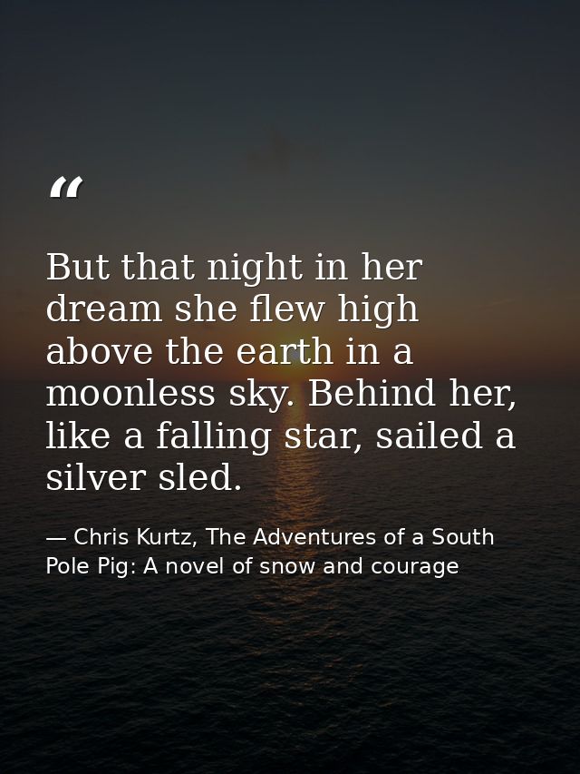 But that night in her dream she flew high above the earth in a moonless sky. Behind her, like a falling star, sailed a s — Chris Kurtz, The Adventures of a South Pole Pig: A novel of snow and courage