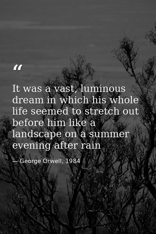 It was a vast, luminous dream in which his whole life seemed to stretch out before him like a landscape on a summer even — George Orwell, 1984