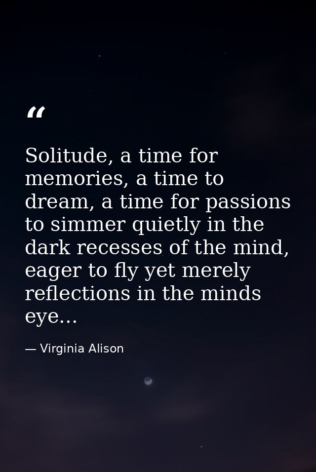 Solitude, a time for memories, a time to dream, a time for passions to simmer quietly in the dark recesses of the mind,  — Virginia Alison