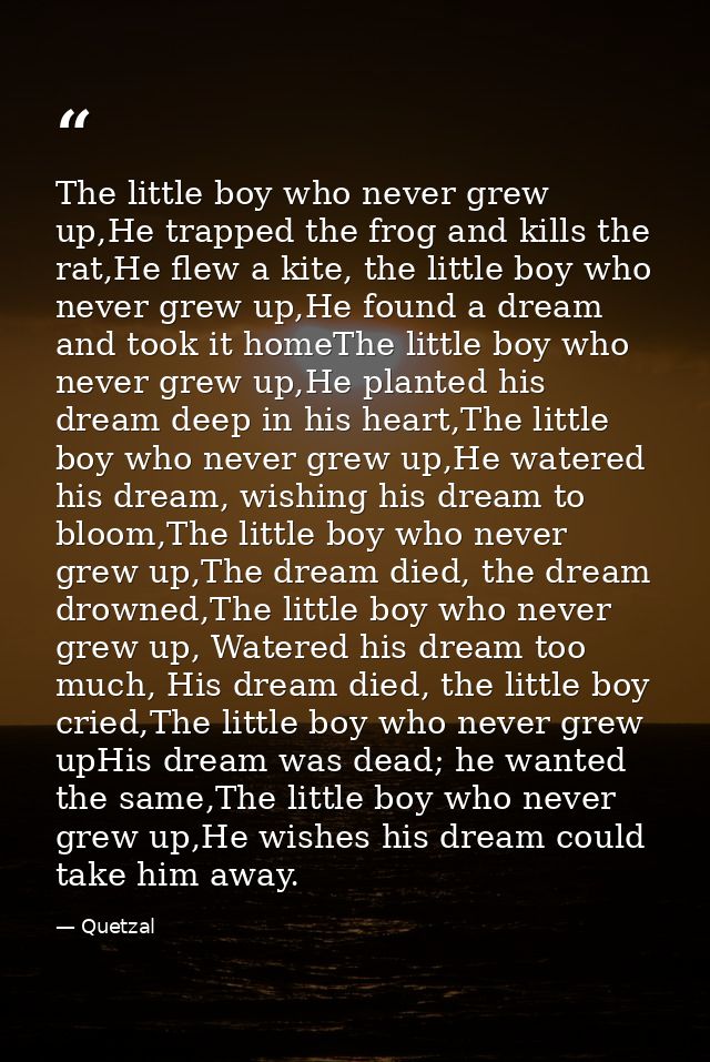 The little boy who never grew up,He trapped the frog and kills the rat,He flew a kite, the little boy who never grew up, — Quetzal