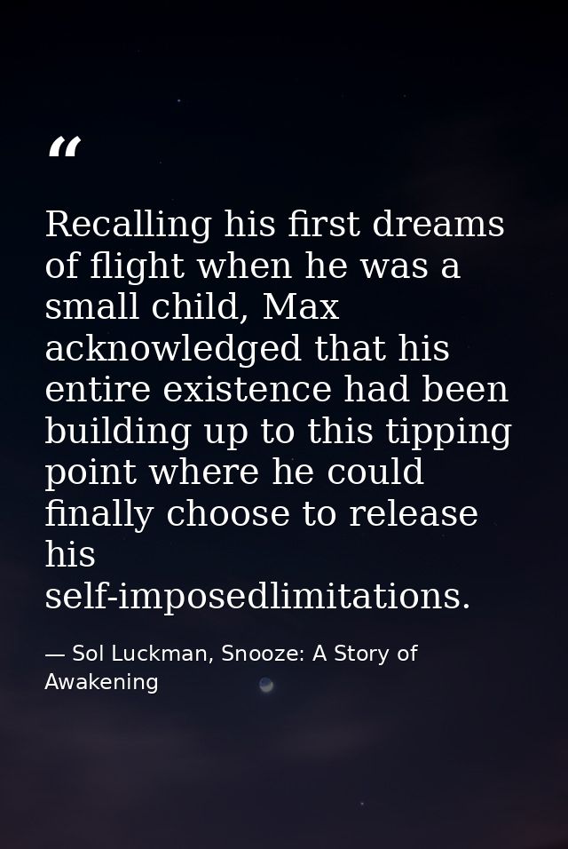 Recalling his first dreams of flight when he was a small child, Max acknowledged that his entire existence had been buil — Sol Luckman, Snooze: A Story of Awakening