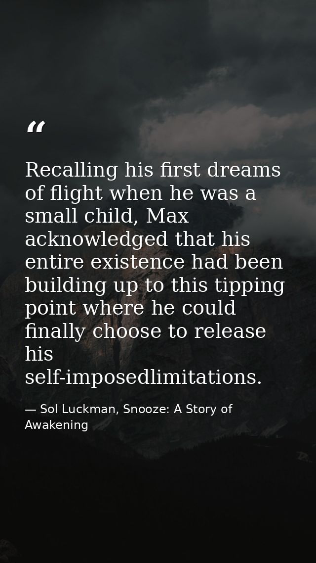 Recalling his first dreams of flight when he was a small child, Max acknowledged that his entire existence had been buil — Sol Luckman, Snooze: A Story of Awakening
