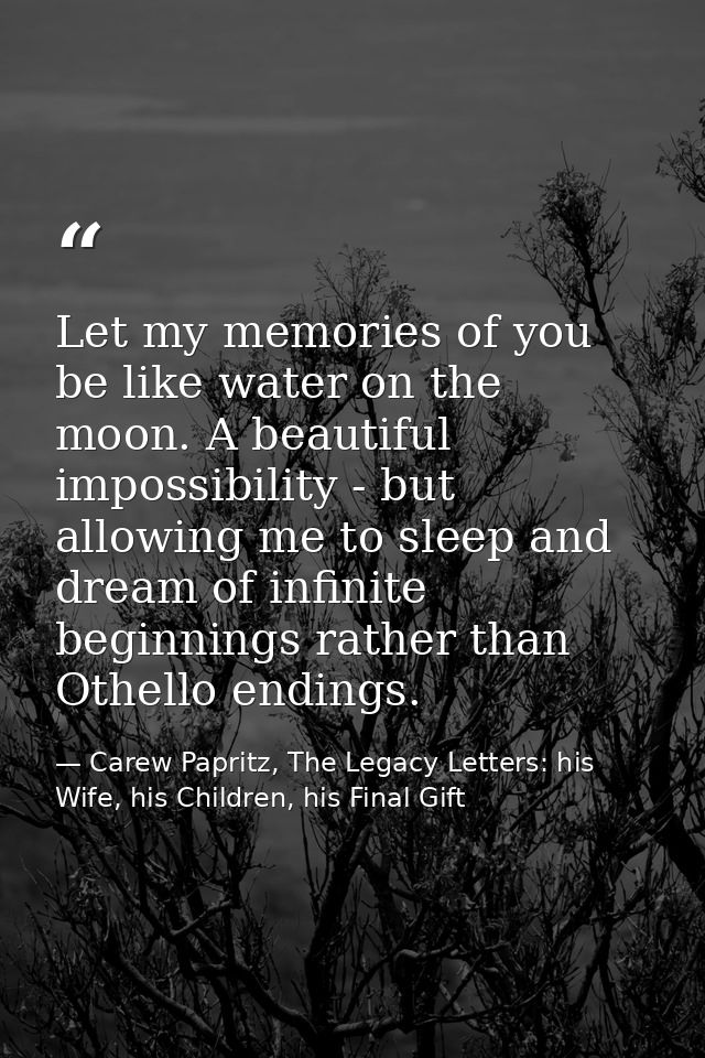 Let my memories of you be like water on the moon. A beautiful impossibility - but allowing me to sleep and dream of infi — Carew Papritz, The Legacy Letters: his Wife, his Children, his Final Gift