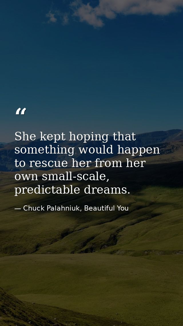 She kept hoping that something would happen to rescue her from her own small-scale, predictable dreams. — Chuck Palahniuk, Beautiful You