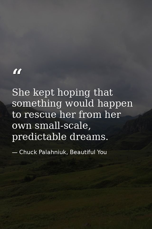 She kept hoping that something would happen to rescue her from her own small-scale, predictable dreams. — Chuck Palahniuk, Beautiful You