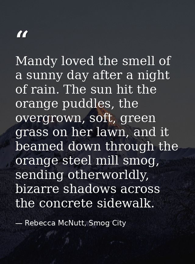 Mandy loved the smell of a sunny day after a night of rain. The sun hit the orange puddles, the overgrown, soft, green g — Rebecca McNutt, Smog City