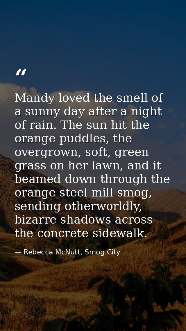 Mandy loved the smell of a sunny day after a night of rain. The sun hit the orange puddles, the overgrown, soft, green g — Rebecca McNutt, Smog City