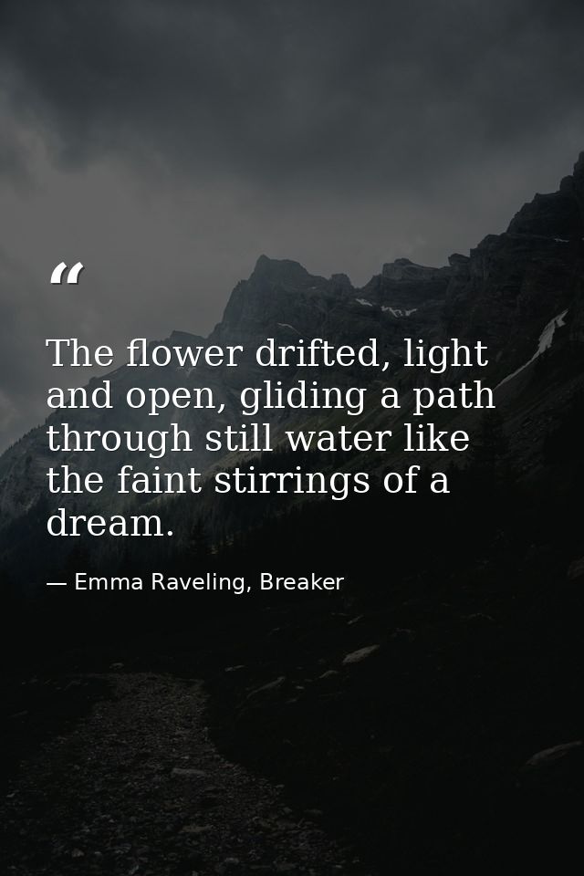 The flower drifted, light and open, gliding a path through still water like the faint stirrings of a dream. — Emma Raveling, Breaker