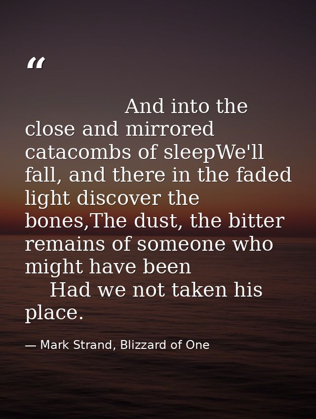                 And into the close and mirrored catacombs of sleepWe'll fall, and there in the faded light discover the  — Mark Strand, Blizzard of One