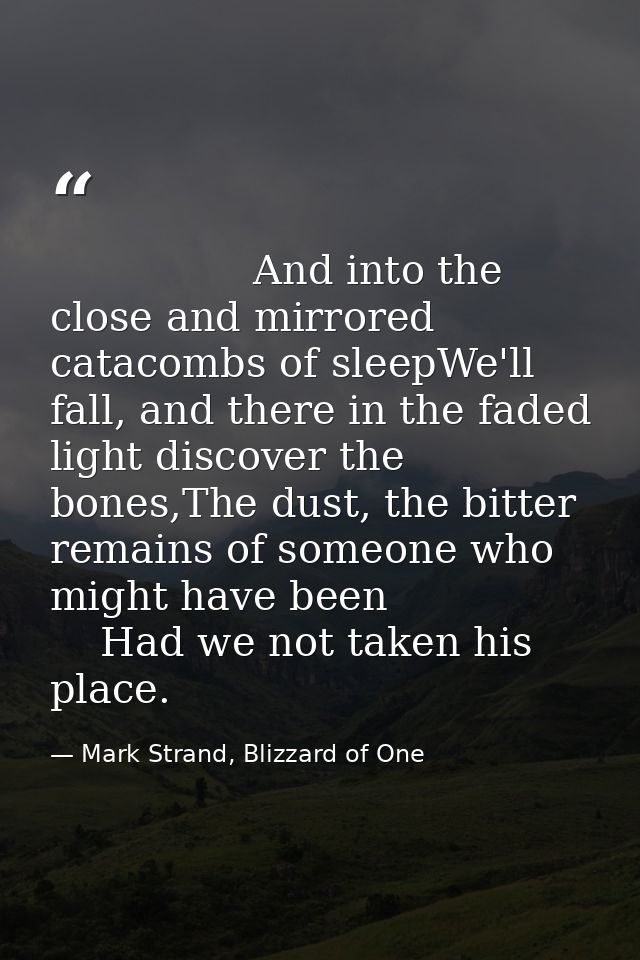                 And into the close and mirrored catacombs of sleepWe'll fall, and there in the faded light discover the  — Mark Strand, Blizzard of One