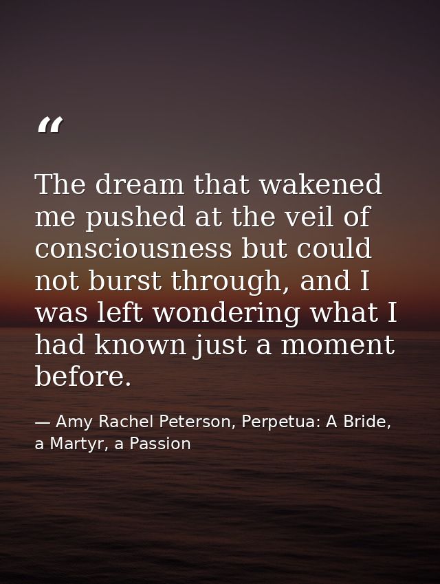 The dream that wakened me pushed at the veil of consciousness but could not burst through, and I was left wondering what — Amy Rachel Peterson, Perpetua: A Bride, a Martyr, a Passion