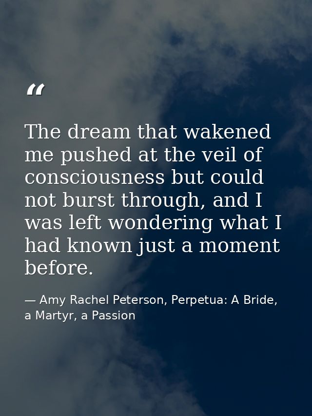 The dream that wakened me pushed at the veil of consciousness but could not burst through, and I was left wondering what — Amy Rachel Peterson, Perpetua: A Bride, a Martyr, a Passion