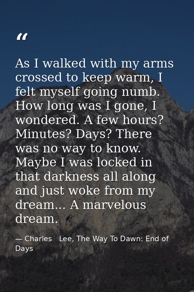 As I walked with my arms crossed to keep warm, I felt myself going numb. How long was I gone, I wondered. A few hours? M — Charles   Lee, The Way To Dawn: End of Days